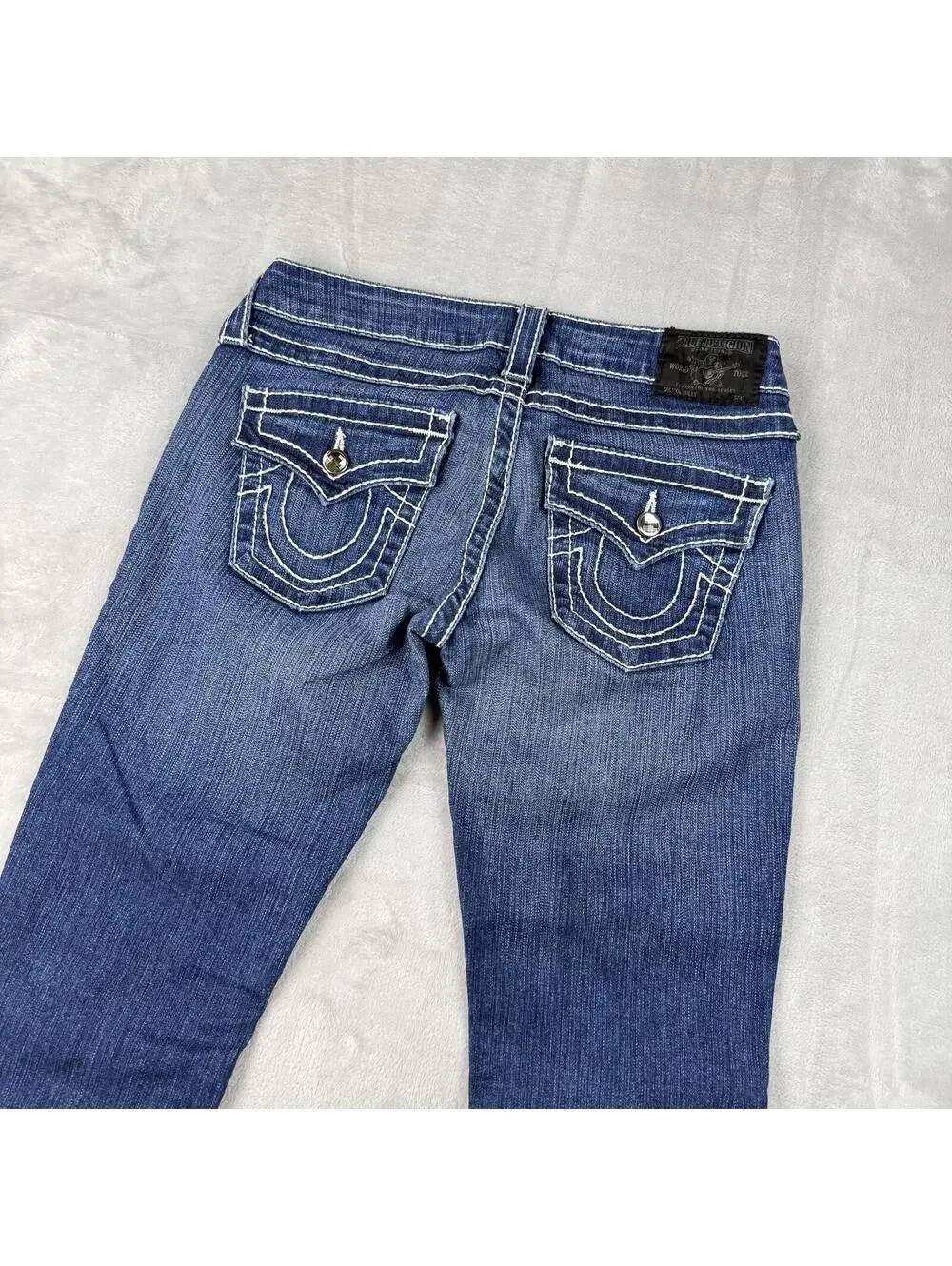 True Religion Blue Denim Jeans Women 28x31 USA Made Striaght Leg Y2K Rainstone - Picture 11 of 12